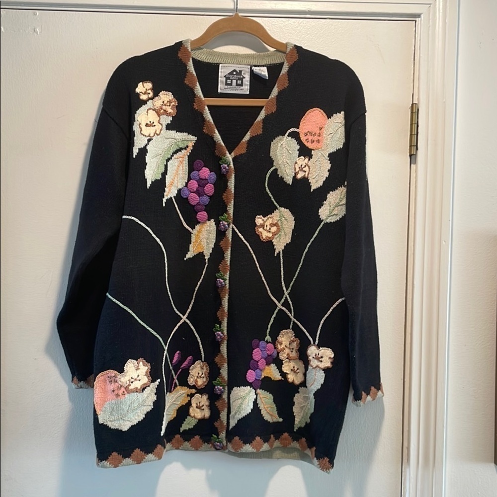 Storybook Knits Embellished Beaded Elaborate Floral Design and Button Cardigan
